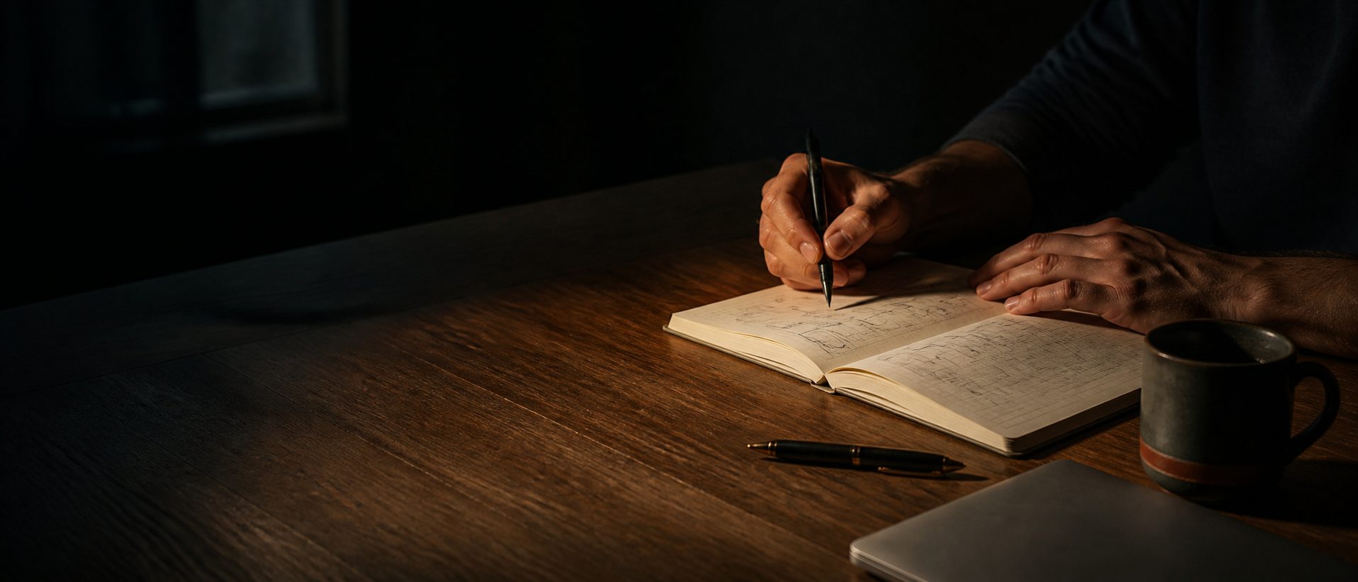 Hands sketching a system diagram in a notebook under a single desk lamp.